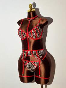 Bare Chapter 5pcs Animal Print Leopard Contrast Color Rhinestone Decor Sexy Lingerie Set - Multicolor - View 9