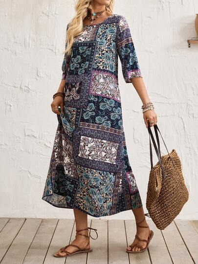 Olithes 女士休闲腰果印花圆领七分袖度假连衣裙