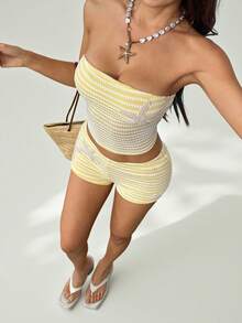 SHEIN PETITE New Summer Butter Yellow Beach Vacation Outfits Vacation Knit Tube Top Cropped Tank & Shorts Set Two Pieces Summer Sets 2 Pieces Sets Summer Summer Two Pieces Set 2 Pieces Summer Sets - Yellow - View 5