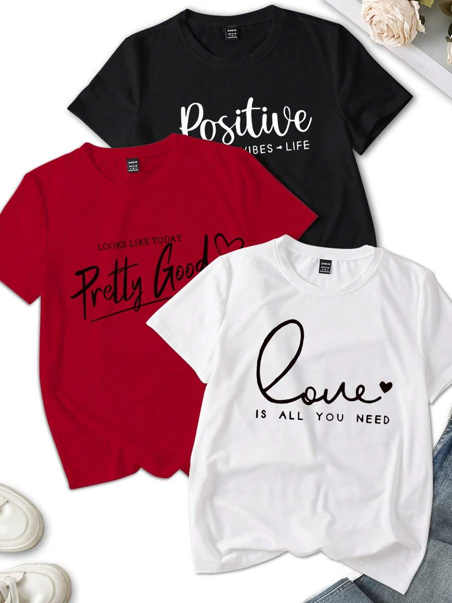 INAWLY 3pcs Set Summer Casual English Letter And Heart Print T-Shirts, Short Sleeve Round Neck Graphic Tees Women Tops - Multicolor - View 1