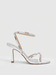 CUCCOO SZL 女鞋 新款简约时尚高跟鞋 配色喷漆细方跟踝带圆头交叉绑带性感百搭通勤镜面PU材质春夏四季职场节日派对约会街头时尚经典凉鞋优雅女鞋 - 銀色 - 查看 2