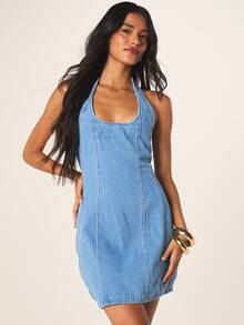 MISSGUIDED Đầm ngắn denim màu xanh nhạt dành cho nữ, cổ yếm, không tay, ôm sát cơ thể, thích hợp cho mùa hè, dự tiệc, có khóa kéo phía sau. - Màu xanh lam - Xem 1