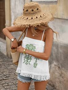 Brillora Débardeur décontracté femme à imprimé tout-sur-tout avec franges, 100% coton bohème brodé, débardeur ample à franges, débardeur décontracté pour vacances, tee-shirt polyvalent pour la plage. Tenues de plage pour femmes, hauts d'été pour femmes, hauts de vacances pour femmes, vêtements bohèmes mignons pour femmes, tenues de Cabo pour femmes - Vert - Voir 5