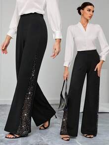 SHEIN Tall Ladies Elegant Mesh & Glitter Splice Black Slim Straight Leg Pants, Fit For Commuting, Casual And Daily Wear, Spring/Summer - Black - View 2