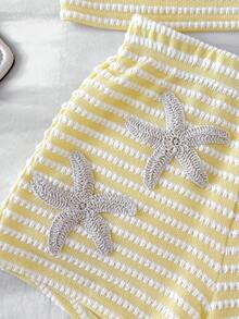 SHEIN Bộ đồ 2 mảnh cho bé gái tuổi teen, kiểu dáng thường ngày, thoải mái, cổ tròn, không tay, họa tiết sao biển và sọc, gồm áo tank top và quần short. - Màu vàng - Xem 8