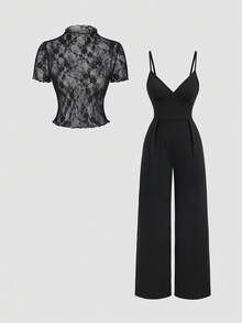 Sweetra Y2K Sexy Sheer Versatile Commute & Vacation Elegant Lace Wide Leg Pants 2 Pieces Set - Black - View 4