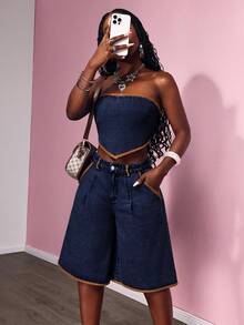 Slaydiva Women's Denim Wide Leg Capri Pants - Blue - View 2