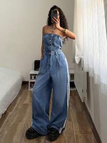 StreetHx Women's Casual Denim Jumpsuit With Pockets And Buttons, Suitable For Daily Wear, Dates And Outings - Medium Wash - View 8