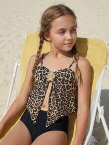SHEIN Tween Girls' Leopard Print Metallic Flower Bikini Set, Summer Beach Hawaii Vacation - Black - View 1