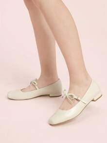 CUCCOO DOLLMOD Women's Beige Square Toe Bow Mary Jane Ankle Strap Flats Cute Commute Preppy Style Leather Buckle Shoes - Beige - View 3