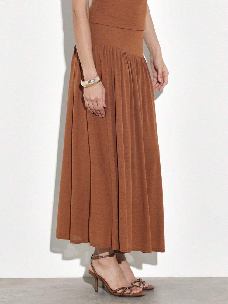 KSTM Off Shoulder Brown Wide Waistband Maxi Dress With Ruched Bodice And Flowing A-Line Silhouette For Evening Occasions