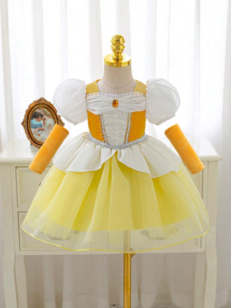SHEIN Glamorique Kids 女婴公主薄纱连衣裙,黄色网纱连衣裙,宝石装饰,生日派对婚礼节日正式礼服,泡泡袖,可爱优雅的正式礼服,四季皆宜,袖口公主裙,婴儿公主裙,精美婴儿连衣裙,薄纱连衣裙,黄色婴儿连衣裙,婴儿公主裙,婴儿连衣裙,S码服装连衣裙,仙女裙,女童公主礼服,婴儿正式礼服,黄色婴儿连衣裙,连衣裙,女婴连衣裙,泡泡袖连衣裙,女婴连衣裙 - 黃色 - 查看 1