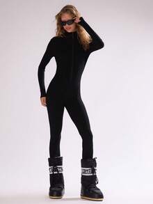 MUSERA Fitted Zip Through Jumpsuit Autumn Fall  Ski Vacation Lounge Holidays Apres-Ski Aspen Spring Summer Elegant Casual - Black - View 5