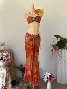 SuriyaCove 女士性感露背印花吊带上衣，金属装饰，适合夏季度假 - 亮橙色 - 查看 6