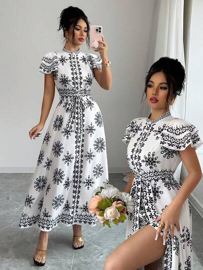 SHEIN Elenzya 2026 New Elegant Women's Pink Mandarin Collar Ruffle Sleeve Fitted Waist Casual Dress, Suitable For Daily Wear, Wedding, Party, Summer Beach, Romantic Date, Commute