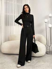 SHEIN Tall Trang phục giáo viên nữ: Quần tây xếp ly màu xám thanh lịch có túi, quần tây thu đông màu xám, quần cạp cao, quần ống rộng, quần dáng suông, quần màu xám công sở, quần ống rộng cho nữ, quần áo mùa thu đông cho nữ, quần áo đi chơi cho nữ. - màu đen - Xem 8