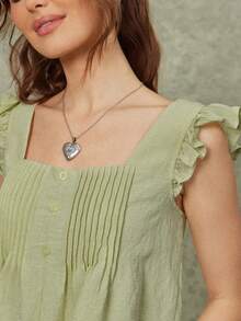 WESTFADE 条纹方领纽扣前襟荷叶边袖褶皱娃娃衫，适合春季、夏季、度假穿着，可爱吊带背心，休闲、海滨牛仔风、波西米亚风、农贸市场风、假期、海滩、节日、西部风情。 - 薄荷綠 - 查看 2