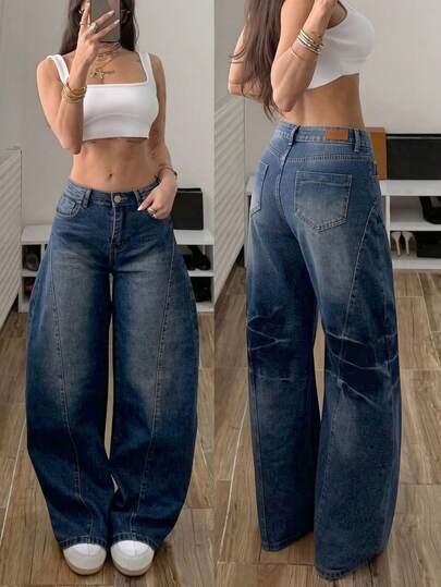 Jeans de corte Barrel con elasticidad de cintura media de color azul oscuro para mujer, pantalones que levantan las nalgas
