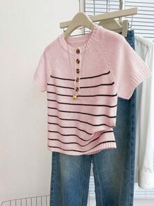 Franclia 休闲宽松圆领短袖针织条纹半开襟纽扣设计米色女士春夏套头毛衣短袖毛衣学院风上衣可爱短袖上衣针织衫女士夏季上衣女士针织衫粉色条纹衬衫女士可爱上衣婴儿粉女士上衣女士针织衫女士短袖毛衣女士上衣女士服装女士休闲上衣女士最新款女士上衣新品 - 粉色 - 查看 4