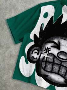 Manfinity ZONE917 Men's Casual Cartoon Print Round Neck Short Sleeve T-Shirt, Versatile For Daily Wear - Dark Green - View 6