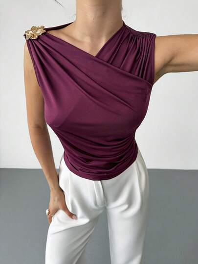 RiviMae Women's Solid Color Metal 3D Floral Decor Ruched Fashion T-Shirt