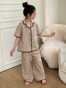 Dazy Kids Quần áo mặc nhà thoải mái cho bé gái tuổi teen mùa thu hè - Màu Khaki - Xem 3