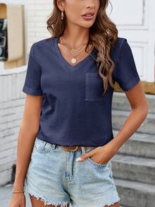 SHEIN LUNE 舒适纯棉休闲口袋V领百搭时尚女式T恤 - 藏蓝色 - 查看 3