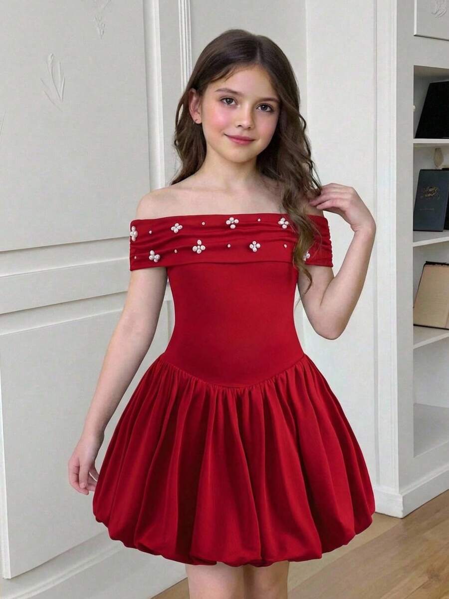 SHEIN 少女春夏新年、生日派对、返校、毕业派对优雅精致串珠撞色拼接露肩褶皱泡泡袖连衣裙，优雅休闲纯色针织连衣裙，情人节连衣裙，婚礼季连衣裙