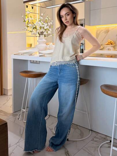 Katetique 女士纯色吊带蕾丝边不对称下摆宽松衬衫