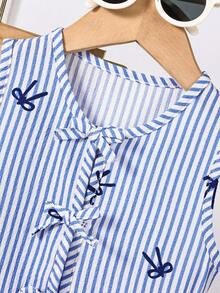 SHEIN Baby Girl Striped Bow Tie Front Sleeveless Shirt And Pants Set - Blue and White - View 4