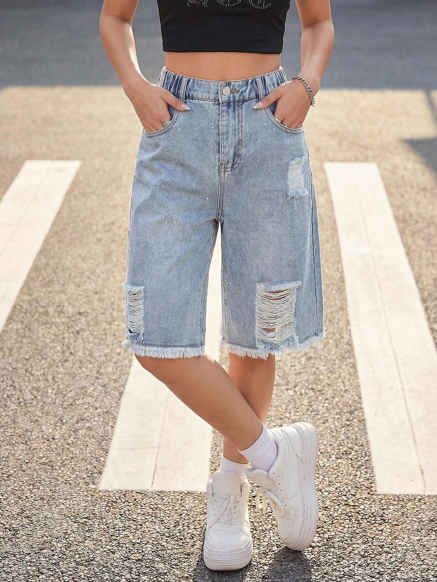 Quần short denim rách cho bé gái, hàng mới về, màu xanh nhạt phong cách đường phố Y2K cổ điển, đính đá lấp lánh, thích hợp cho những buổi đi chơi thường ngày, dạo phố và du lịch.