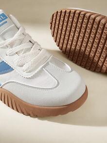 CUCCOO EASI Contrast Color Solid Preppy Casual Gym Sneakers For Women, Lace-Up Brown Patchwork Flat Casual Shoes, Retro Fashion Outdoor Sports Running Shoes - Blue - View 10
