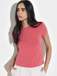 KSTM Women's Coral Pink Short Sleeve Fitted T-Shirt Casual Everyday Basic Top Crew Neck Regular Length Style - Redwood - View 1