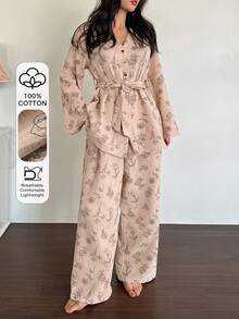 DAZY Set de pijama de mujer con 2 piezas, estampado de dibujo lineal floral, tela de gasa texturizada con botones de contraste, primavera - Rosa Pálido - Ver 5
