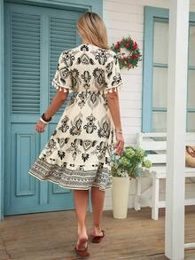 Louniche Women's Casual Vacation Print V-Neck Fringe Splice Raglan Sleeve Waist A-Line Midi Dress, Spring/Summer - Multicolor - View 2