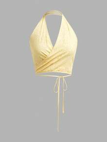 lacRébo Yellow Floral Wrap Crop Top With Open Back Cute Vintage Spring Summer Holiday Top French Style - Yellow - View 6
