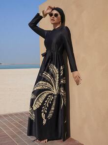 Swim Mulvari Women's 3 PiecesSwimsuit Set For Spring/Summer, Coconut Tree Print Long Sleeve Dress, Fitted Long Pants, And Hat, Modest Full Coverage Beach Vacation Swimwear - Black - View 5