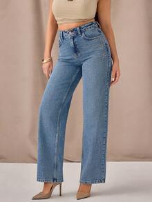 EURMUSE STAR INDIGO JEAN HIGH WAIST STRAIGHT LEG DENIM - Medium Wash - View 2