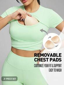 Innovista Women's Neon Green Solid Hollow-Out Design Short Sleeve Top And Leggings Tennis Outfit - Green - View 3