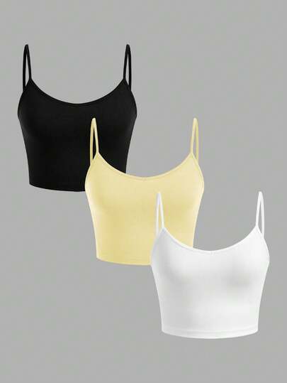 SHEIN EZwear 3pcs/Set Women's Black, Yellow, White Cropped Casual Camisole Tops, Suitable For Summer