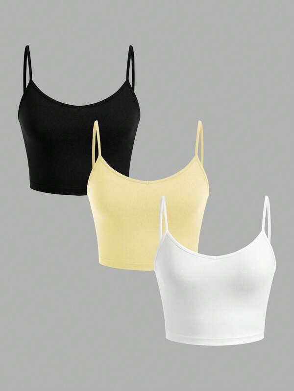 SHEIN EZwear 3pcs/Set Women's Black, Yellow, White Cropped Casual Camisole Tops, Suitable For Summer