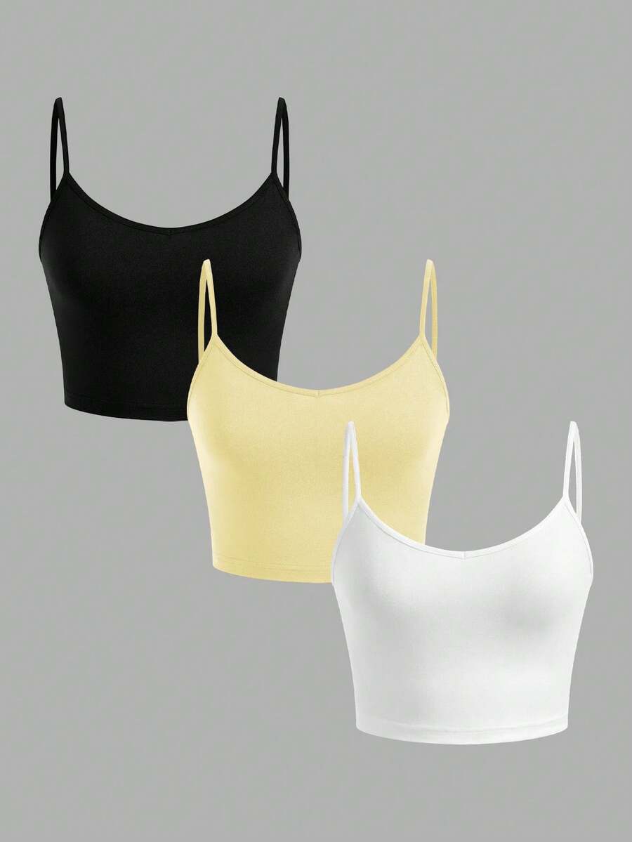 SHEIN EZwear 3件套女士黑色、黄色、白色露脐休闲吊带背心,适合夏季穿着,内置胸罩,3件装露脐背心,夏季上衣 - 彩色 - 查看 1