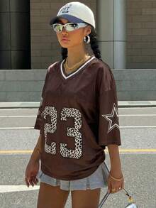 Muchica 棕色网眼V领宽松印花女式T恤 - 棕色 - 查看 5