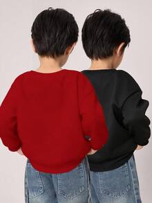 SHEIN 2pcs Young Boys Autumn Family Matching Thermal Lined Thick Warm Long Sleeve Pullover Sweatshirts Set,Casual Loose Fit Comfortable Tops For School - Burgundy - View 4