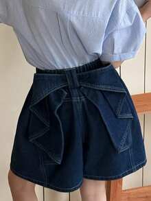 Dazy Kids 少女纯色蝴蝶结牛仔短裤夏季款 - 藍色 - 查看 6