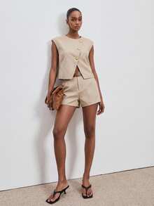 ATUI Studio Khaki Women's 2 Pieces Casual Summer Shorts Set,Oversized Asymmetric Crew Neck Cropped Blazer & Fitted Shorts,Wedding Guest,Business Office Occasion - Khaki - View 1