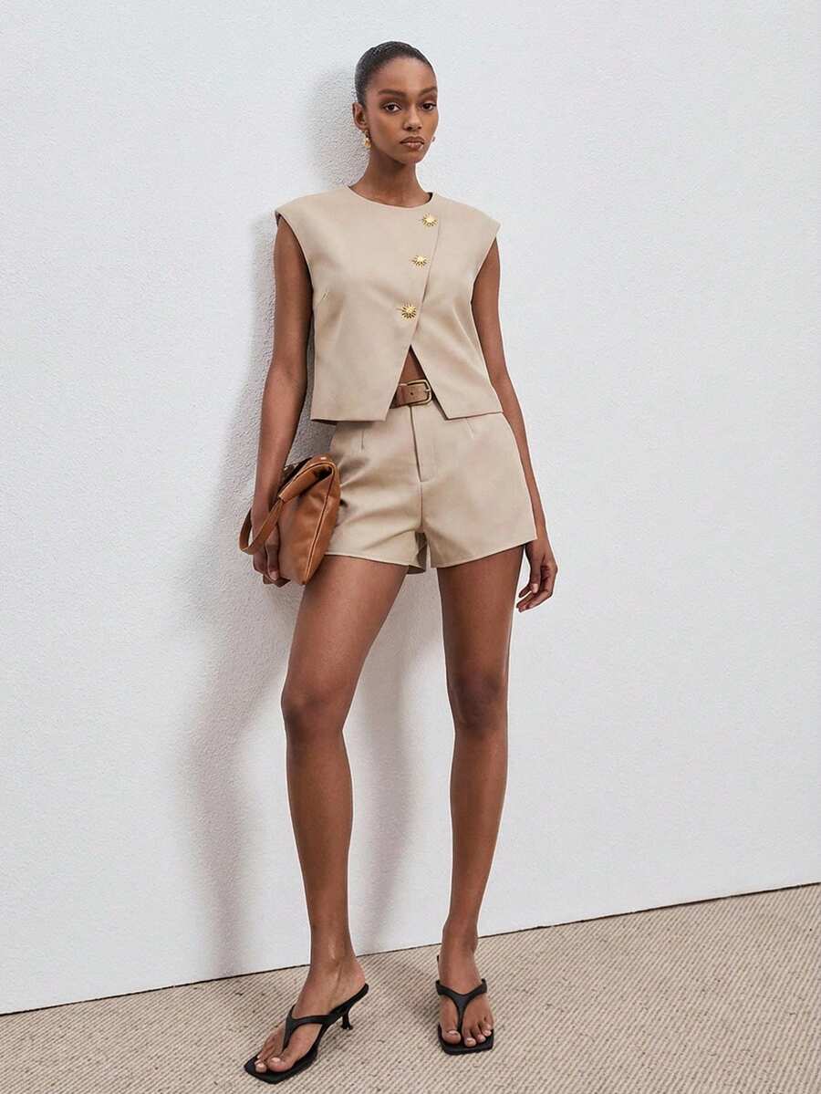 ATUI Studio Khaki Women's 2 Pieces Casual Summer Shorts Set,Oversized Asymmetric Crew Neck Cropped Blazer & Fitted Shorts,Wedding Guest,Business Office Occasion - Khaki - View 1