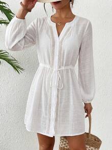 Swim Lushoire 女士夏季沙滩圆领前开襟长袖拼接镂空蕾丝抽绳腰带度假休闲和服连衣裙 - 白色 - 查看 1