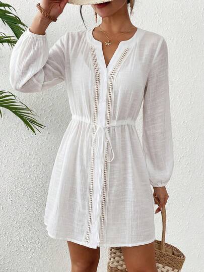 Swim Lushoire Women's Summer Beach Round Neck Front Open Long Sleeve Patchwork Hollow Lace Drawstring Waist Vacation Casual Kimono Dress