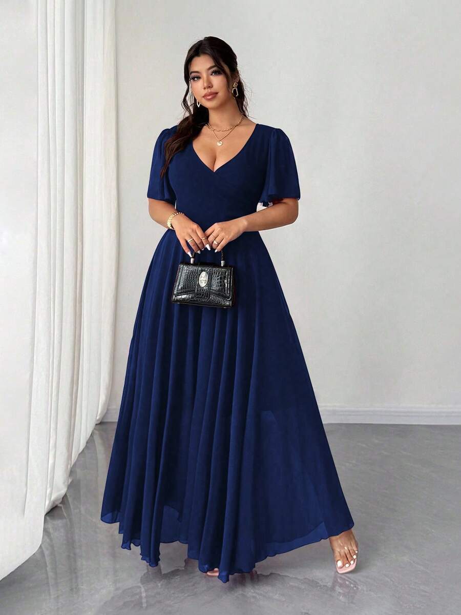 Elenzga Vestido de línea A con cuello en V, mangas con volantes de gasa, para mujer de talla grande. Sencillo, elegante, romántico y con un fluir gracioso. - Azul Marino - Ver 1